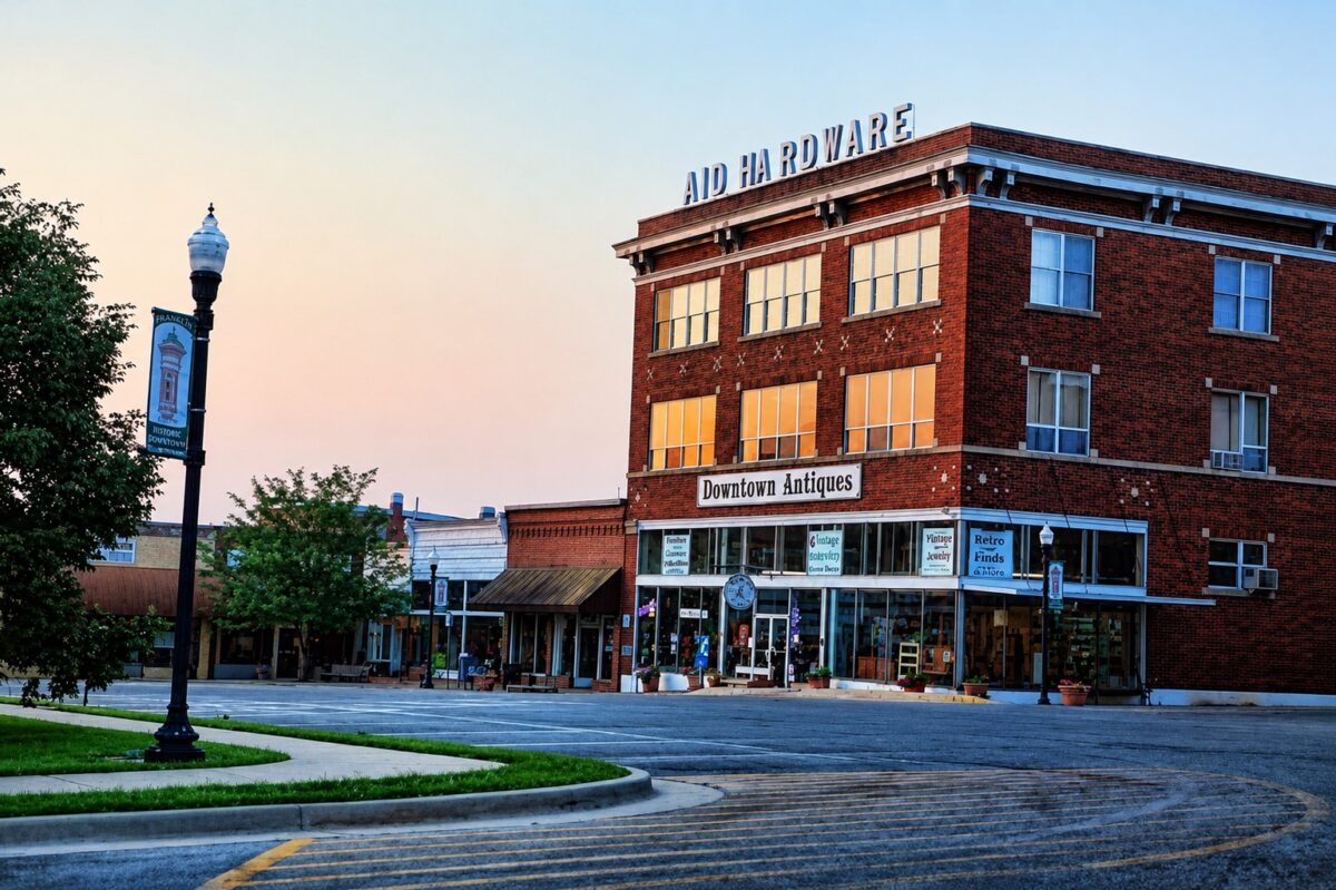 The exterior of a multi-story brick building from across the street.
