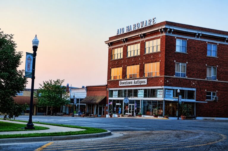 The exterior of a multi-story brick building from across the street.