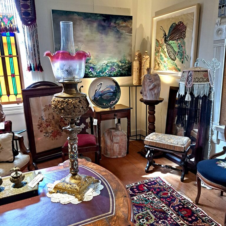 Antiques displayed inside a shop.