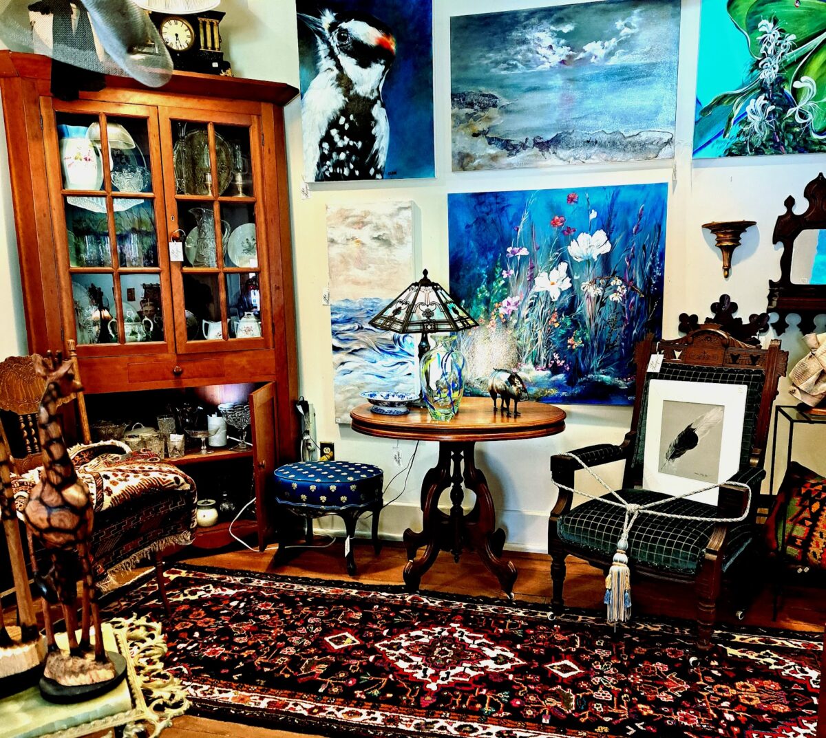 Antiques displayed inside a shop.