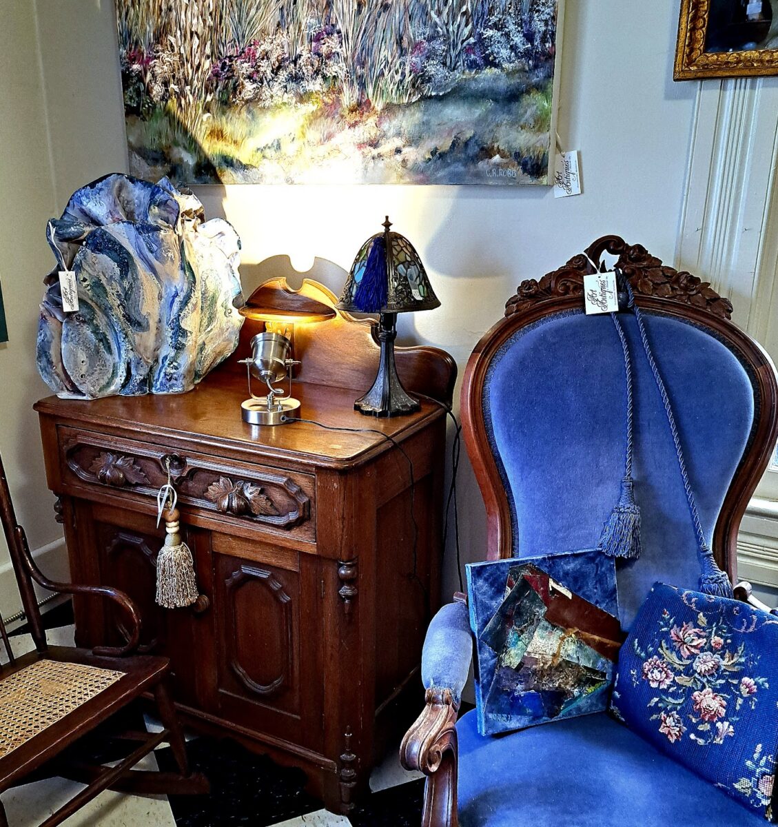 Antiques displayed inside a shop.