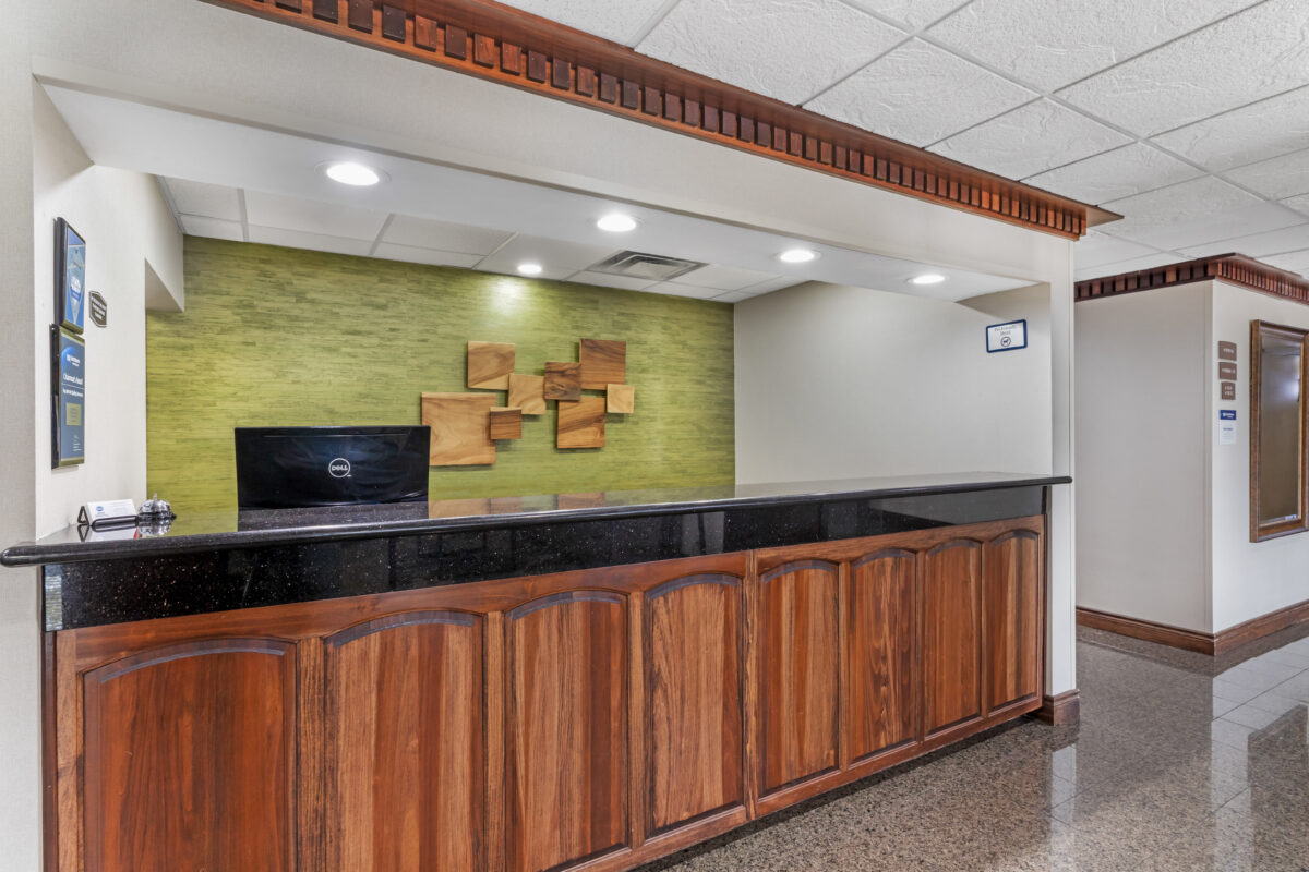 The front desk of a hotel.