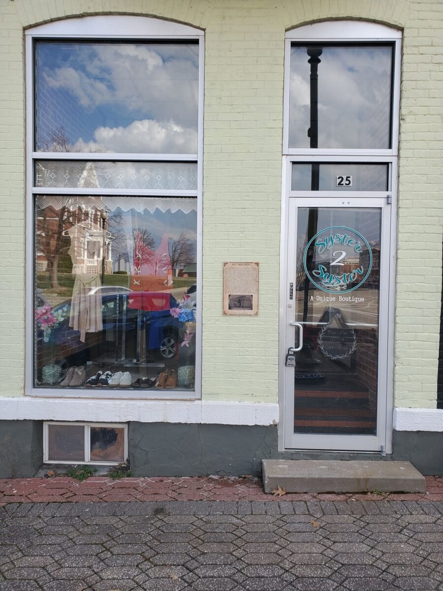 The outside of a boutique with a tall display window and glass door.
