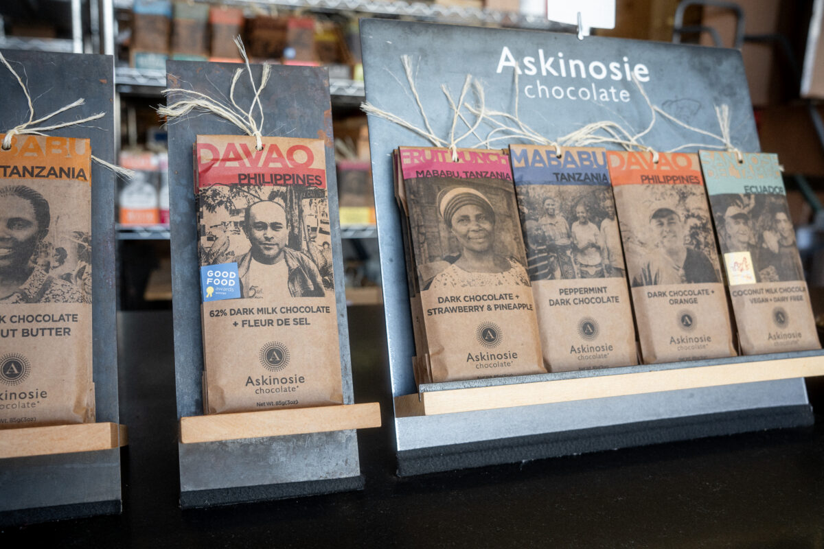 Askinosie Chocolate packaged bars displayed in storefront