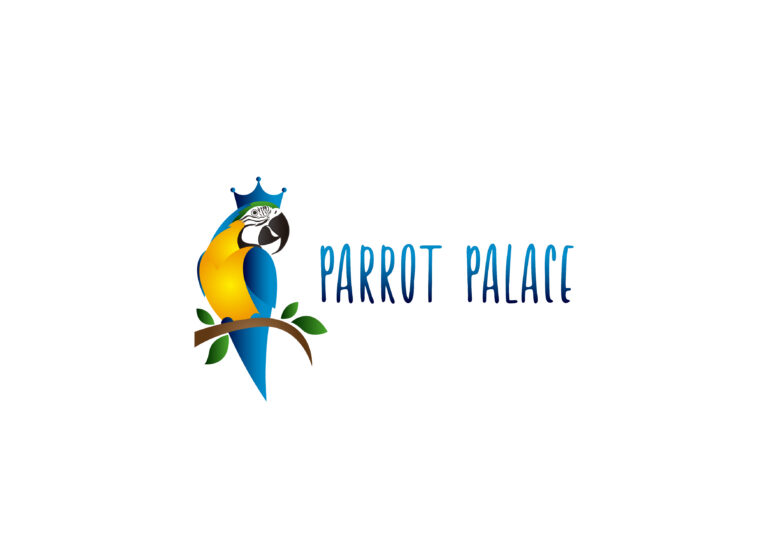 A logo for Parrot Palace, featuring a parrot in a crown and blue gradient text.