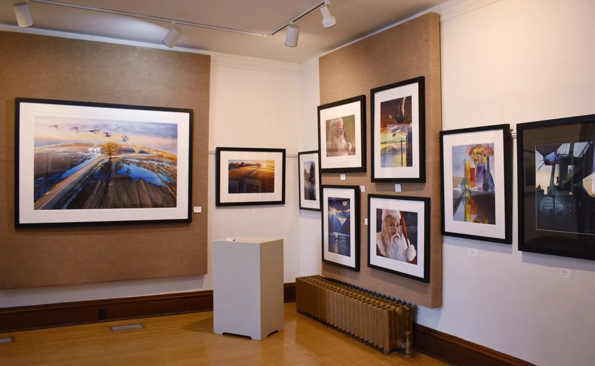Artwork showcased on the well-lit walls of a museum.