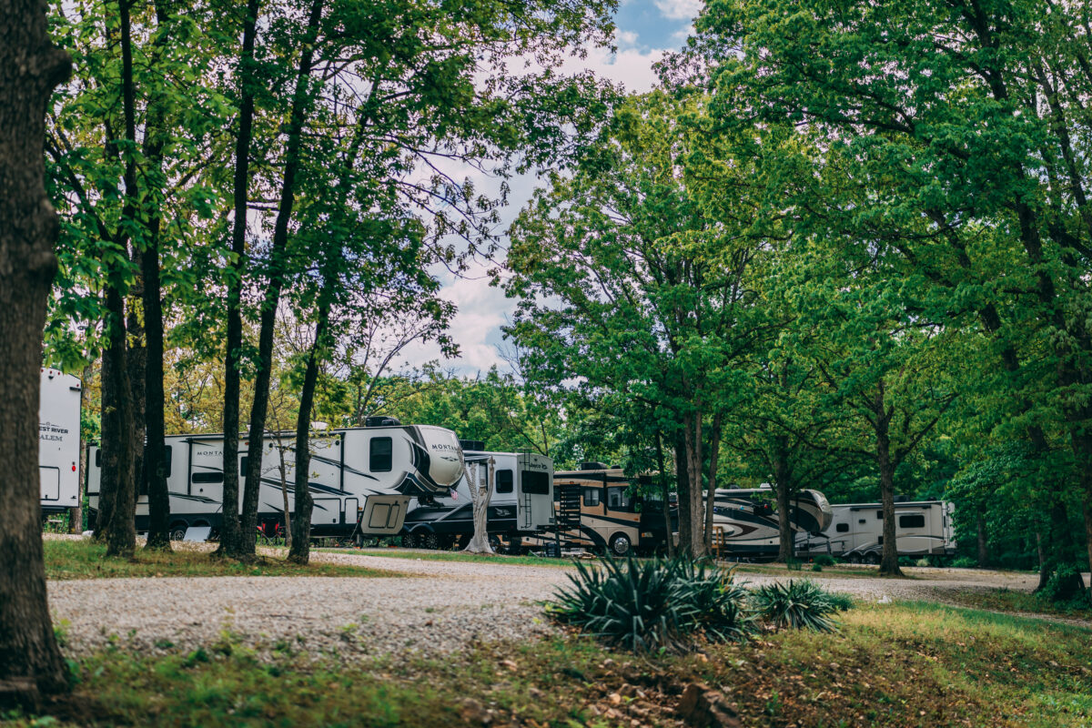 Campers set in the woods.