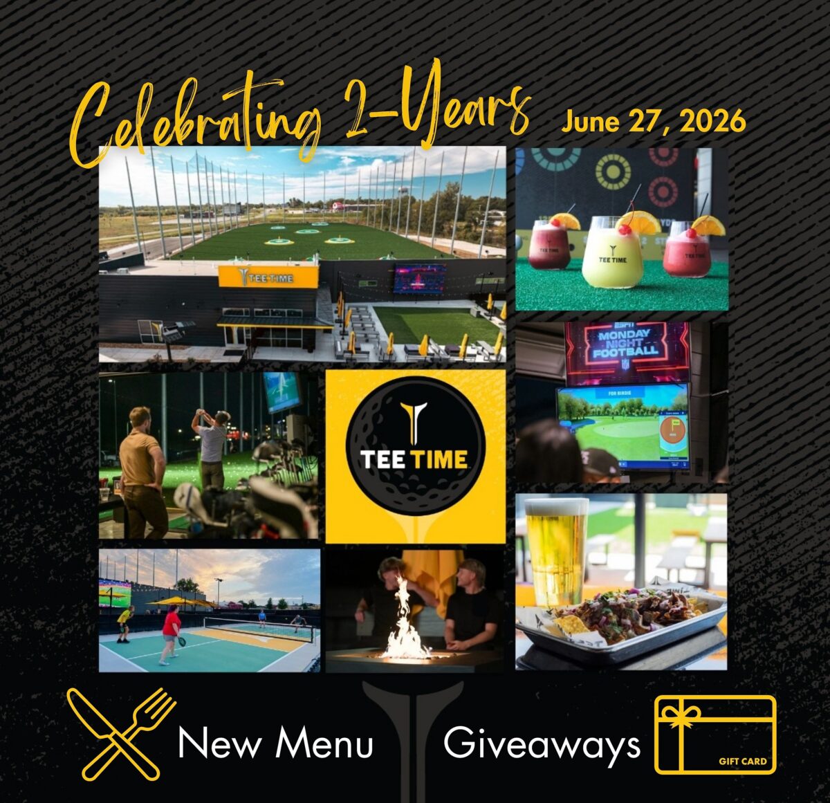 A collage celebrating two years of a top-golf location.