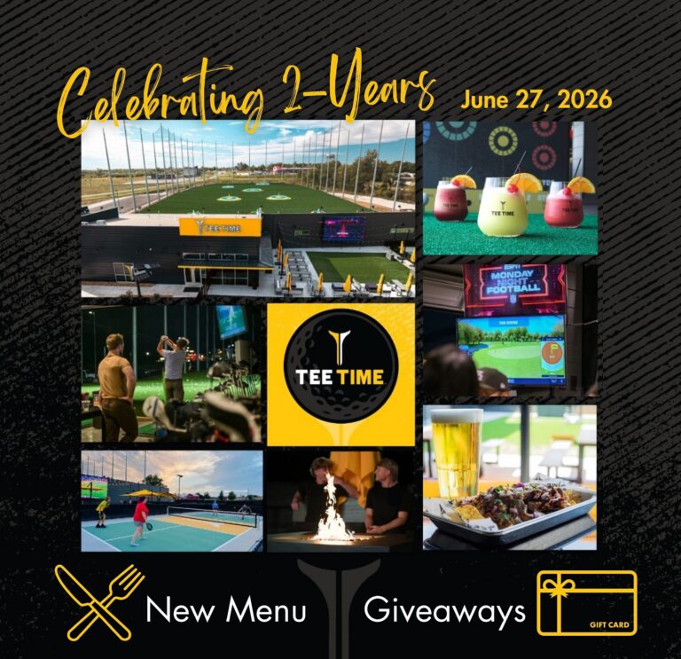 A collage celebrating two years of a top-golf location.