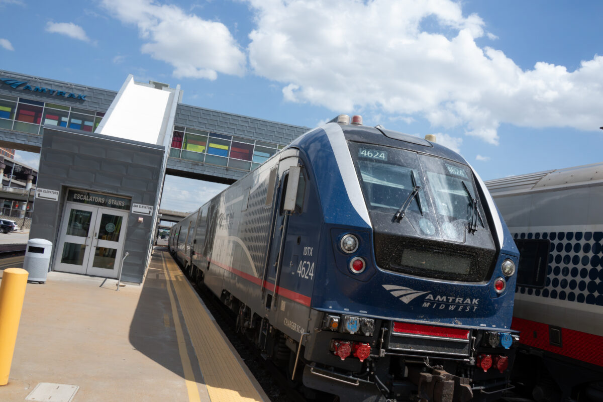 A train stopped at a station.