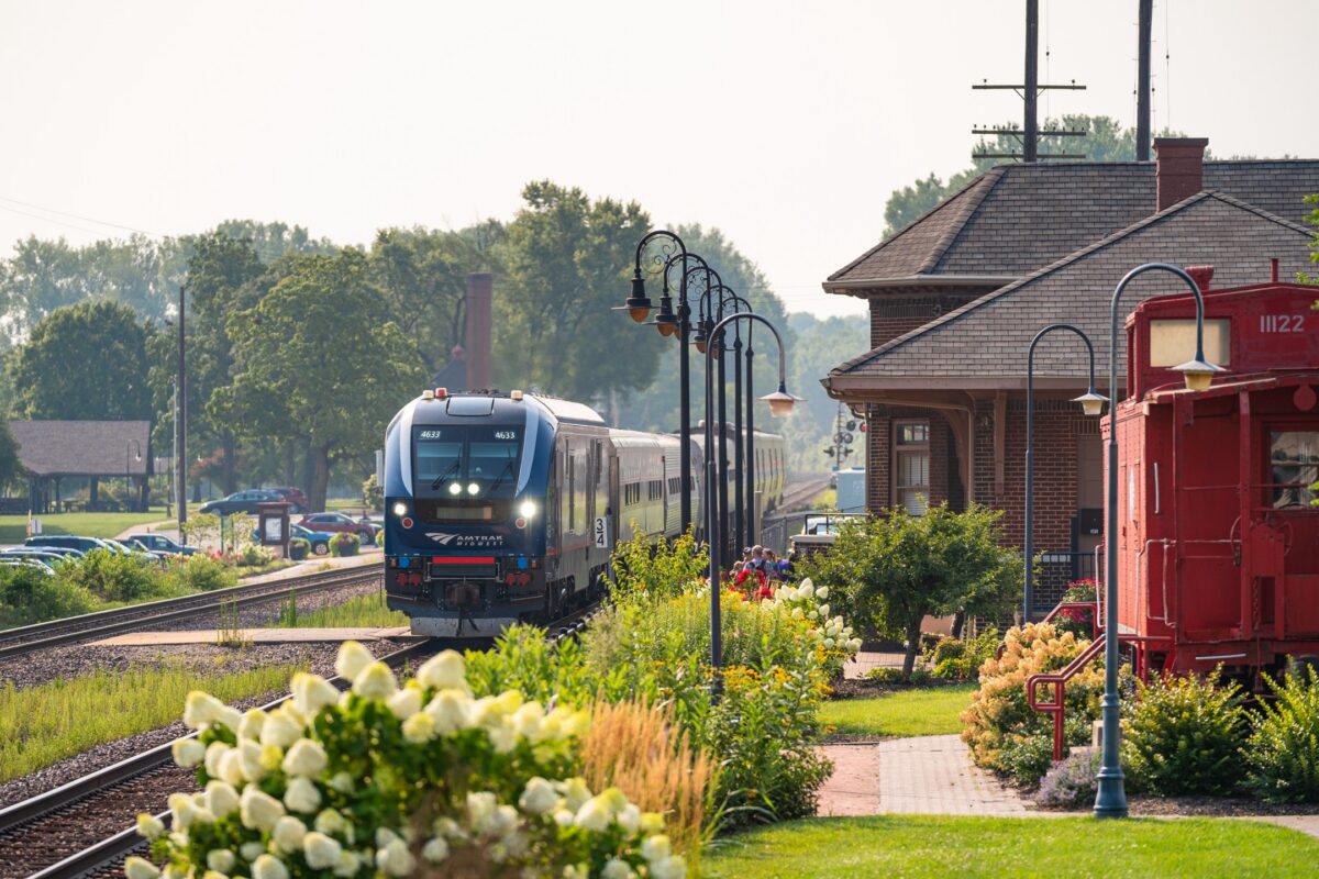 A train near a station.