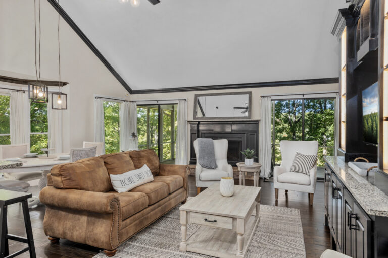 A living room with wood and white accents.
