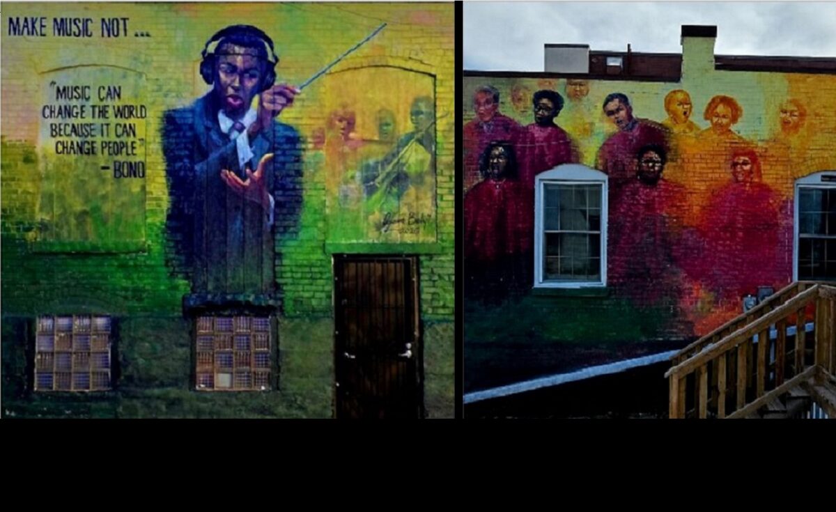 Two murals painted on neighboring walls depicting a man in a suit and a choir.