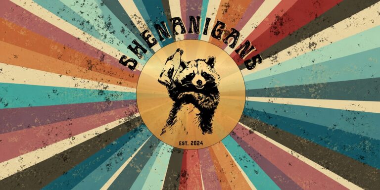 The logo for Shenanigans, featuring a raccoon and colorful shapes.