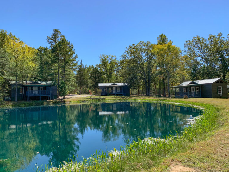 The exterior of cabins in a wooded area with a pond.