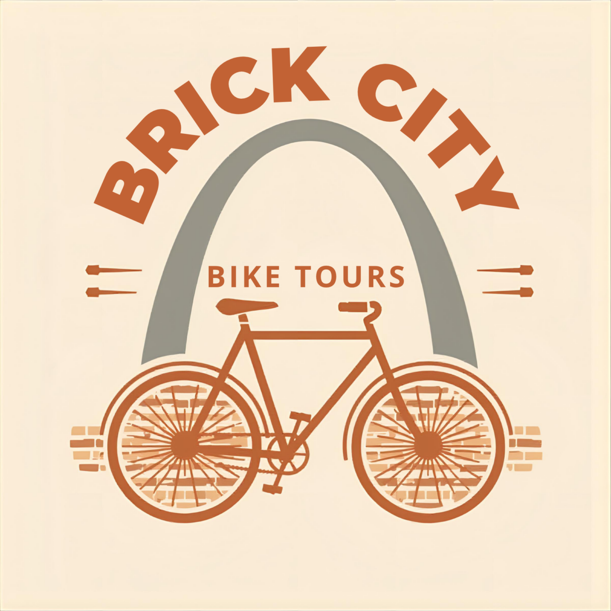 The logo for Brick City Bike Tours, featuring a bicycle and the Gateway Arch overhead.