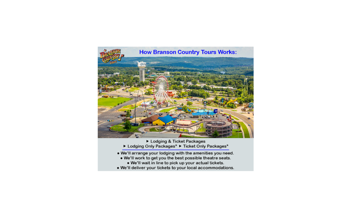 Arial view of Branson with text letting you know that BCT offers a variety of packages and how the process works.