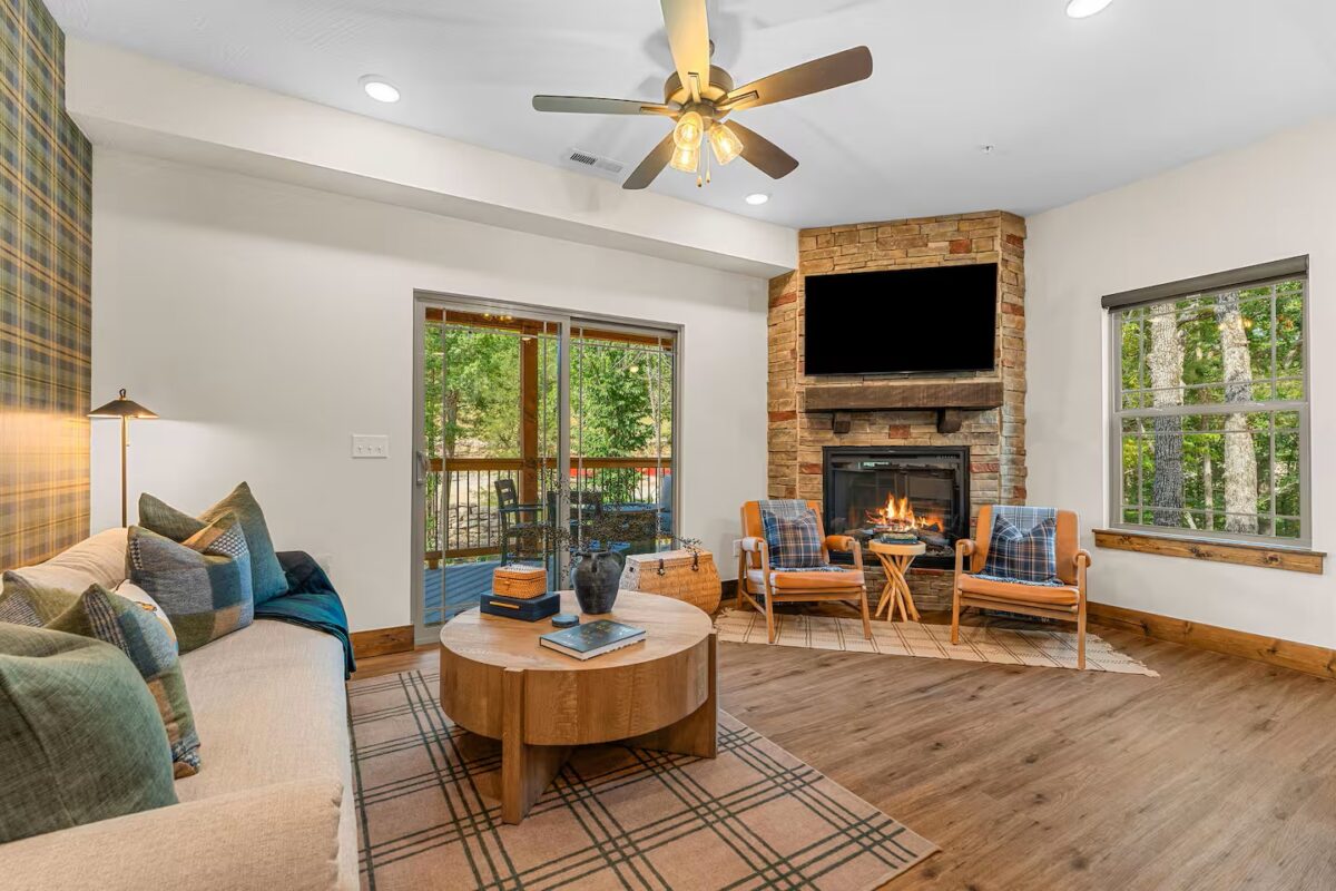 Plaid Fox living area with seating and a television.