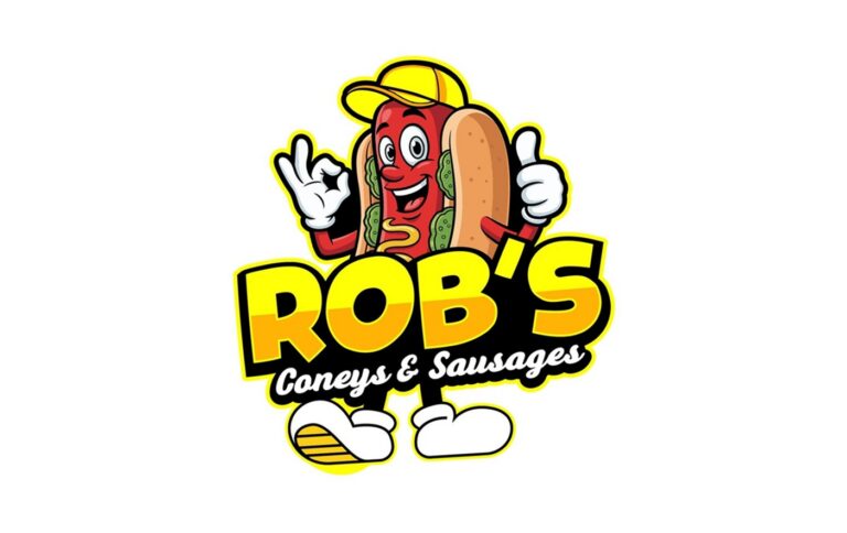 A cartoon hot dog giving a thumbs up as part of the logo for Rob's Coneys and Sausages.