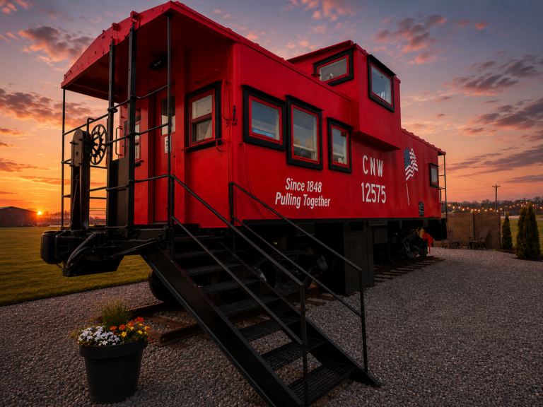 Bright red restored 1958 train caboose at The H&R Caboose Roost in Fredericktown, Missouri.