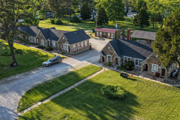 Aerial view of the historic Wagon Wheel Motel stone motor court in Cuba, Missouri