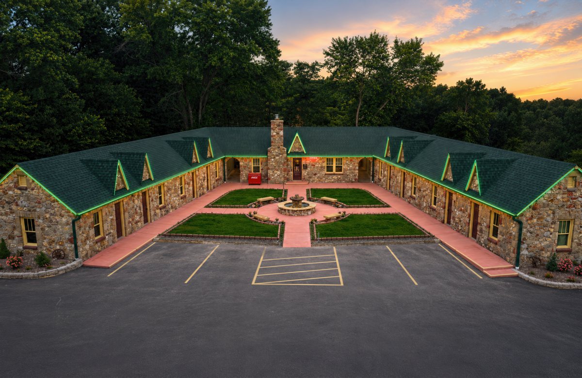 Aerial view of the restored Shamrock Court Motel motor court in Sullivan, Missouri