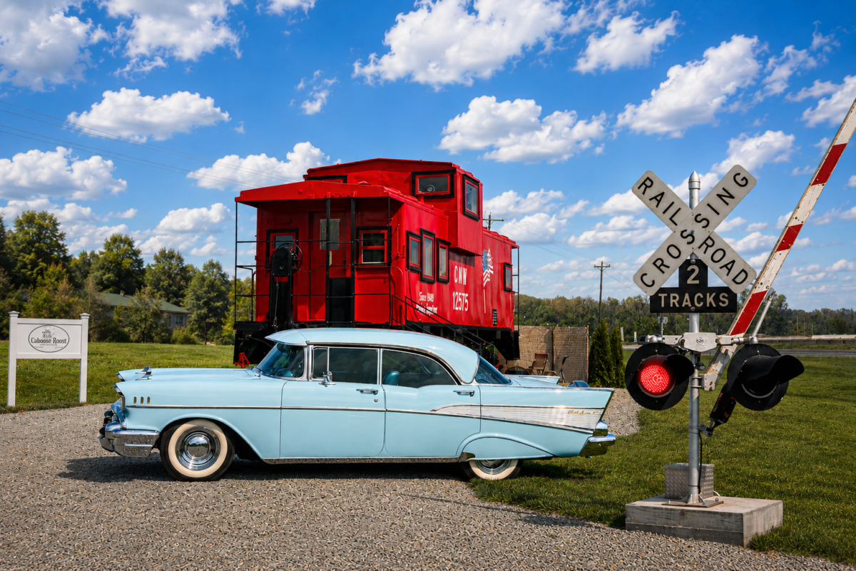 Bright red restored 1958 train caboose beside a railroad crossing signal at The H&R Caboose Roost in Fredericktown, Missouri.