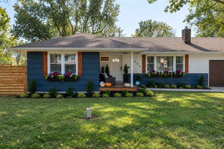 The exterior of the Blue Villa in Lee's Summit, Missouri.