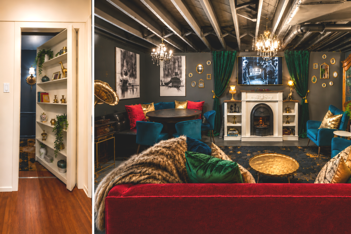 Hidden speakeasy-inspired game lounge behind a bookshelf at The Sage Manor in Lee's Summit