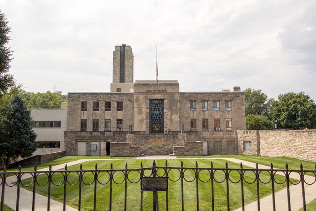 The Hall of Waters is a grand stone building constructed in the art deco style.